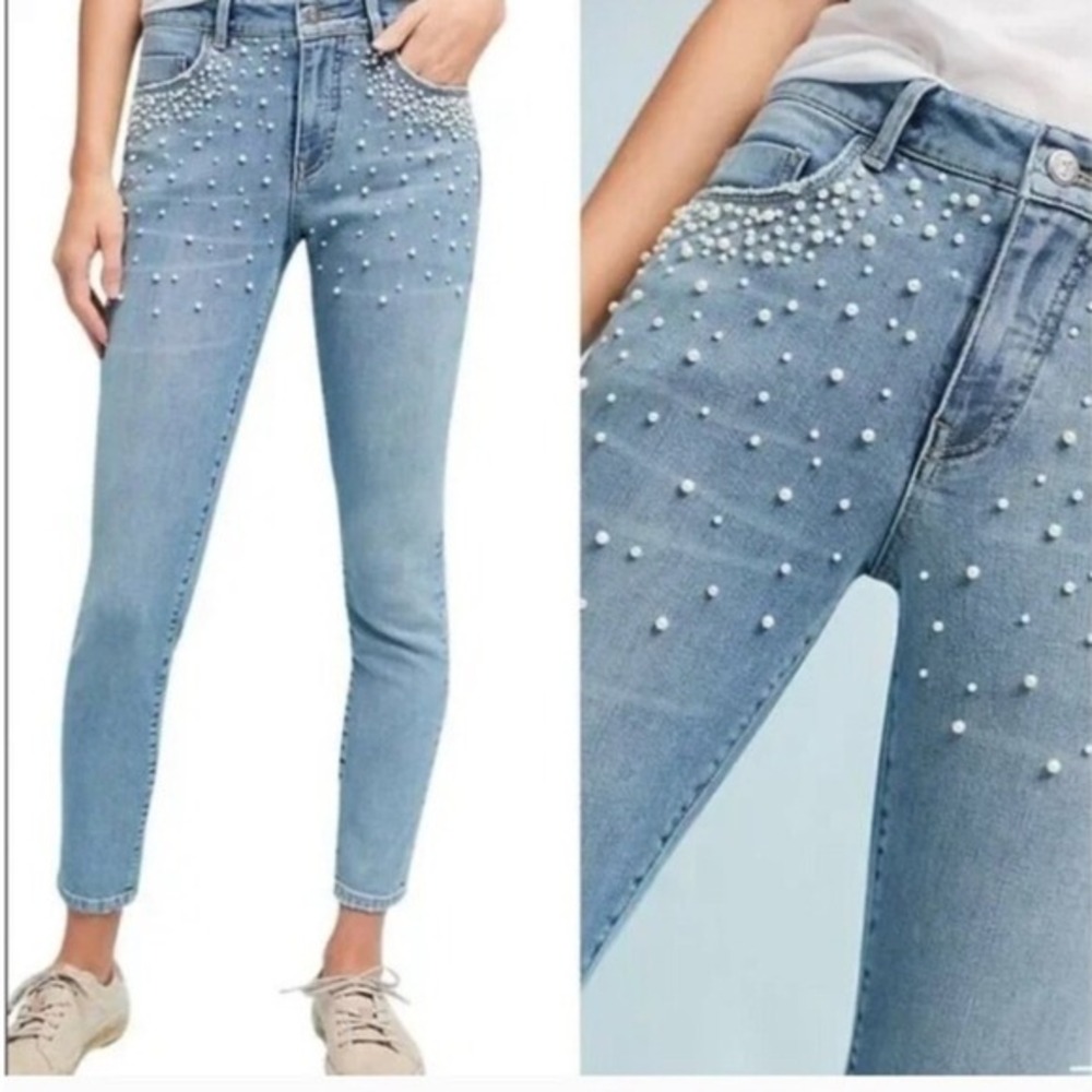 Pilcro Anthropologie Script High Rise Pearl Embellished Skinny‎ Jeans
